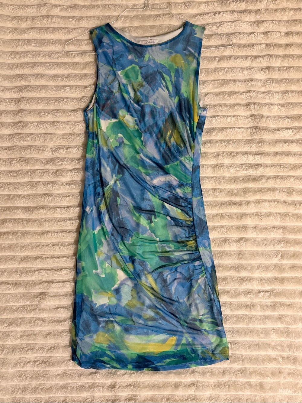 Blue Abstract Print Ruched Sheath Dress